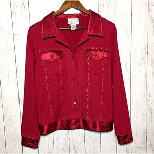 Red Satin Trim Rhinestone Top City Hearts Womens M Vtg Y2K Glam Party Holiday